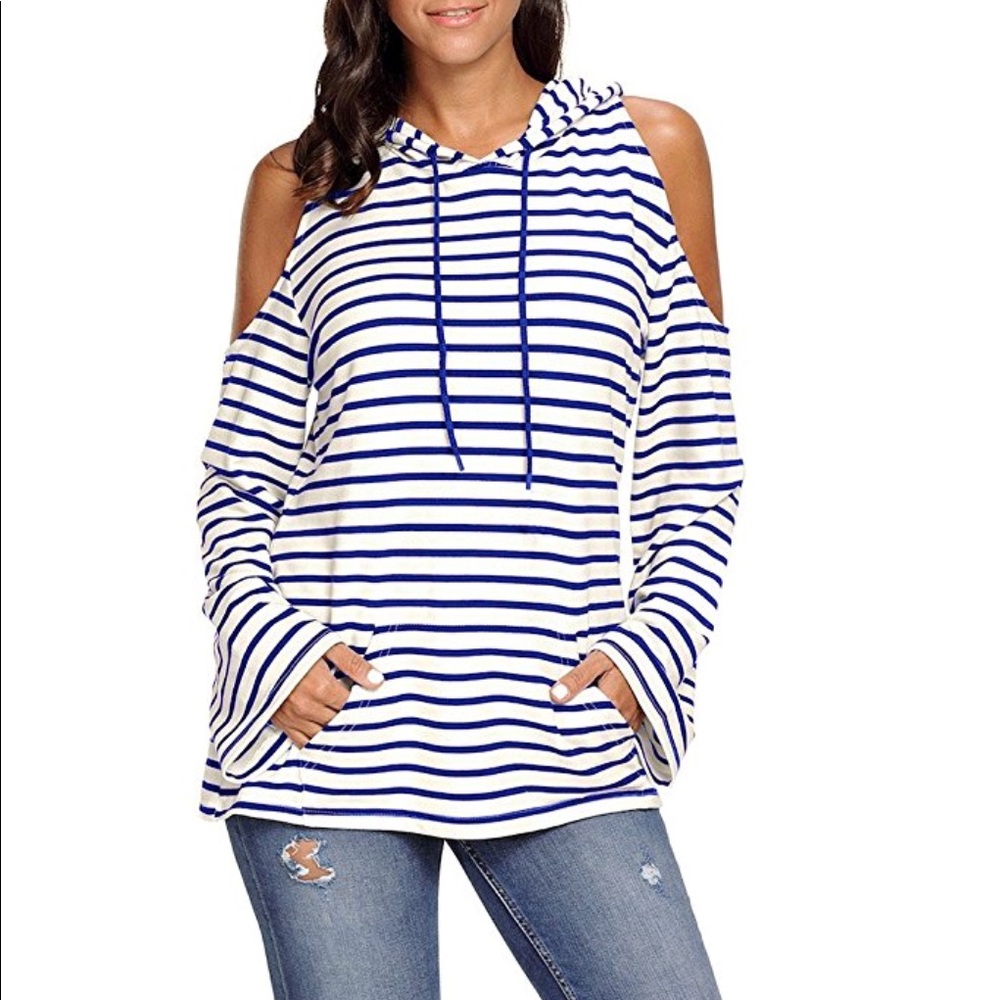 women cold shoulder striped  sweatshirt - Picture 4 of 5